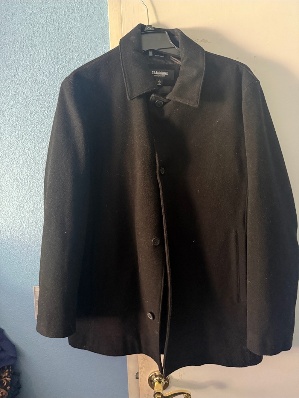 Claiborne Black Men’s Pea Coat with Button Front 70% wool